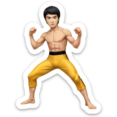 Cinematic Realistic portrait of Bruce Lee, shown as a legendary martial artist in a dynamic, powerful pose with modern athletic attire and finely detailed muscle definition, rendered in dramatic action lighting sticker