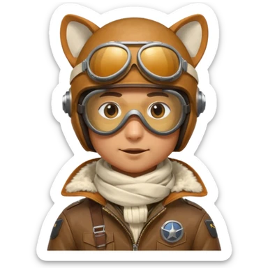 renard aviateur, casque en cuir, écharpe blanche, lunettes "climax" sur le casque au dessus des yeux, blouson aviateur sticker