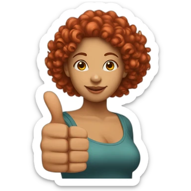 A mulatto woman with red curly hair of Asian appearance shows a big thumbs up sticker