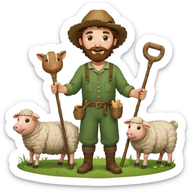 happy shepard with long curly brown beard and long curly brown hair, in green village outfit, with wooden shepard stick in hands, taking care of sheep and pigs sticker