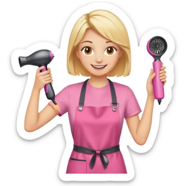 blonde female hairstylist smiling, pink t-shirt, orange apron, hands up, holding scissors and hairdryer sticker