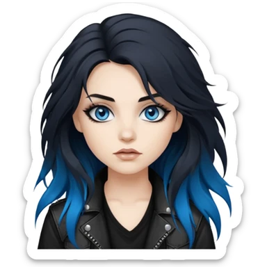 
 rockstar girl with long total black disheveled hair, blue eyes, Smokey eyes grunge makeup, rocking  sticker