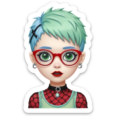 White hair, Ghoulia yelps monster high doll in scene/emo style cherry print dress with fishnet sleeves, clothes, thin, small, red, rectangle glasses, pale white-blue skin, pale-green shaggy pixie-cut , zombie scars , boy, punk choker sticker
