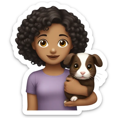 Little light skin girl with black curly hair holding a brown and dark brown Guinea pig sticker