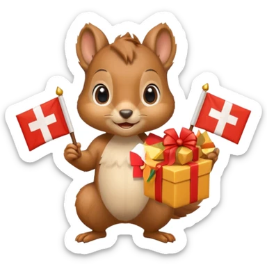 squirrel holding a gift in one hand and a Swiss flag in the other hand, cheerful expression sticker