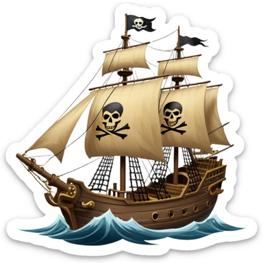 An icon representing an adventure game, inspired by high-seas exploration. The design features a fearless pirate gripping the wheel of a grand sailing ship, its tattered Jolly Roger flag billowing as it cuts through stormy waters. The scene evokes danger, treasure, and the thrill of the open sea. Transparent background. sticker