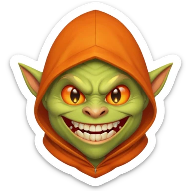 Hobgoblin-style goblin face emoji, orange hood, evil grin, sharp teeth, expressive Apple-style emoji sticker