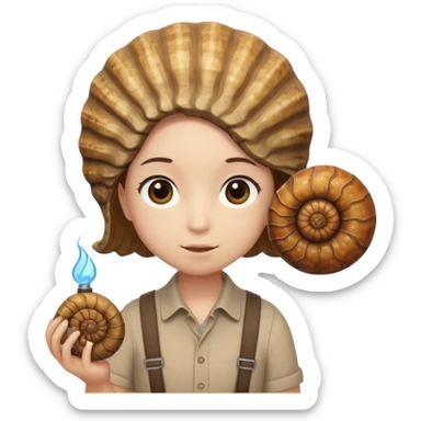 Shelly has a small, chibi-style body with a large ammonite-shaped head that looks like a beige fossil shell. One side of her head has a dark opening, making it clear she isn’t human. Her face is simple and soft, with big round eyes. She wears a brown suspender outfit over a lighter shirt sticker