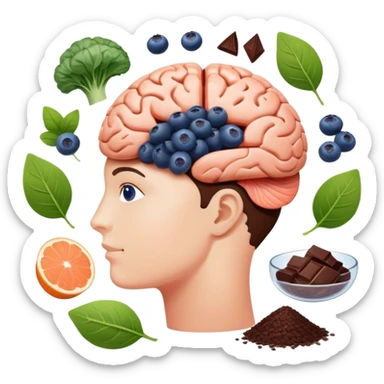 brain surrounded by healthy lifestyle choices, exercising, salmon, dark chocolate, blueberries, seeds, leafy greens . brain booster sticker