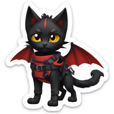 Cool Edgy Ninja Litten-Nargacuga-Cat with black bat-wing-ears with a red harness full body sticker