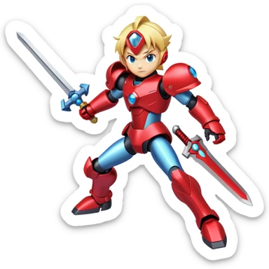 Megaman Zero robot with red armor, blonde hair, and Z-saber sword sticker