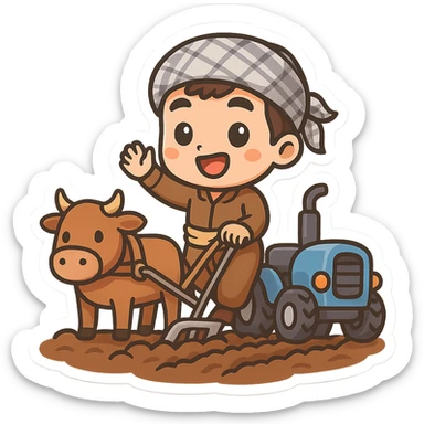 Create a chibi cartoon sticker of a Kurdish farmer who is plowing the land using both a cow and a tractor at the same time, in a cheerful and colorful style, with a transparent background. sticker