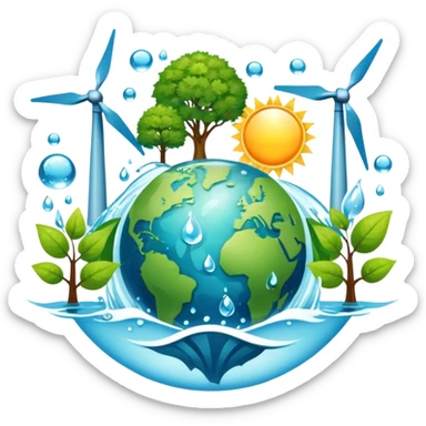 An icon featuring a green Earth, a tree, recycling symbols, and renewable energy sources like wind turbines, solar panels, and hydropower. The design includes animals, water droplets, and the sun, representing ecology, sustainable energy, and environmental protection. Transparent background. sticker