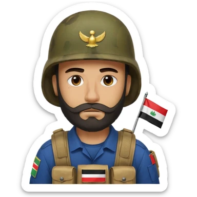 A tired and sad, swarthy Iraqi soldier with a beard, an Iraqi flag on his helmet, a sad expression and bags under his eyes sticker