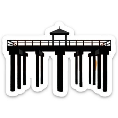 A black and white image of a pier in the ocean as a silhouette with the sun in the background sticker