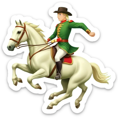 An icon showcasing a blue sky, distant mountains and a vibrant landscape. a majestic horse and rider in full gallop across a lush green field. The rider wears traditional gear, while the horse leaps with grace and power.  sticker
