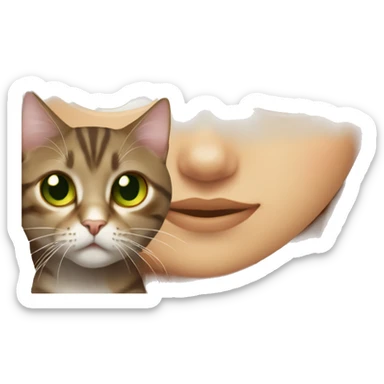 red haired girl with green eyes holding a small brown and gray tabby cat with yellow eyes sticker