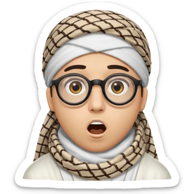 A person with light skin tone, wearing a traditional white shemagh with a BALCK AGAL, large brown eyes, round glasses, and an open mouth showing a surprised or shocked expression. sticker