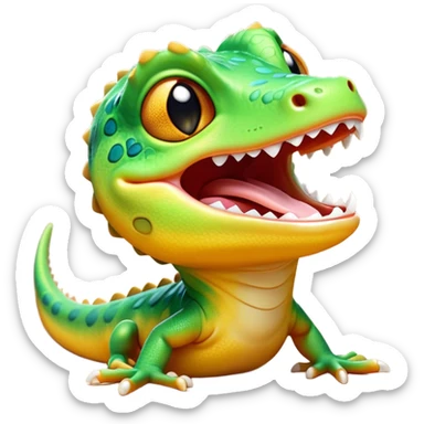 Cinematic Cute Yawning Gecko Portrait Emoji, Head tilted slightly with a dramatic, wide-open yawn, showcasing a compact, smooth-scaled body with slightly drooping eyelids and a relaxed, open-mouthed expression, Simplified yet irresistibly adorable features, highly detailed, glowing with a soft, cozy ambient glow, high shine, relaxed yet expressive, stylized with a hint of whimsical charm, soft glowing outline, capturing the essence of a drowsy yet affectionate gecko that appears ready to stretch out for a nap! sticker