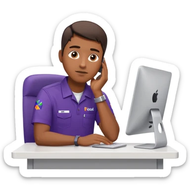 emoji of a man sitting at the table with an imac on it, a man is sitting in a very thoughtful pose, he has his hands on the table and his head resting on themб he look into the screen of imac, he is dressed in FedEx delivery uniform sticker