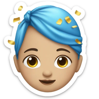 A baby dressed in blue with blue confetti sticker