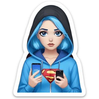 Thought bubble saying I'm sorry-Female-very very very large chest-texting on a samsung cell phone-very long straight black to sky blue hair ombre-blue eyes-black eyeliner-long eyelashes-unzipped hoodie with glitter superman logo-leggings-lippierced sticker