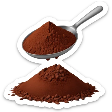 small pile of cocoa powder, deep brown, soft and velvety, slightly uneven edges, tiny metal spoon partially dipped, clean, detailed, 3D-rendered, smooth shadows, subtle lighting, tactile look, no packaging, no text, no extra elements, transparent background, emoji scale sticker