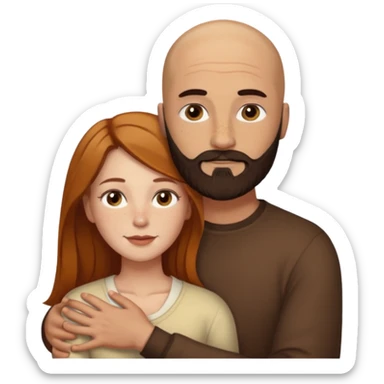 Couple. Bald man with dark brown-black beard. White woman with many small, faded freckles, she has white skin and she has auburn-yellow-brown-cinnamon, dark long hair. She has light brown eyes. The man have hazel eyes. Retro style. They hug. sticker