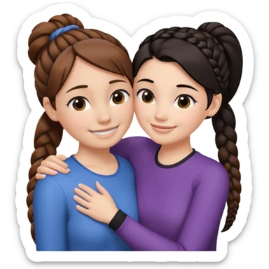 Comforting Hug two white skin women, one shorter woman with brown hair in top ponytail, not braided, and one taller woman with black hair in long side braid sticker