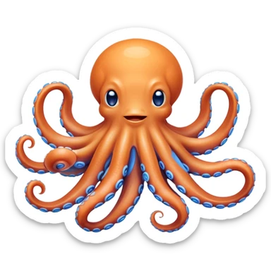 Beautiful and Majestic smiling Octopus Portrait Emoji, Head and body resting in serene repose with a gentle, content smile, showcasing a soft, light orange form adorned with elegant blue rings and delicately arranged arms, Simplified yet exquisitely endearing features, highly detailed, glowing with a soft, drowsy underwater light, high shine, relaxed and utterly enchanting, stylized with an air of majestic aquatic beauty, soft glowing outline, capturing the essence of a beautiful and majestic octopus that embodies the enchanting spirit of the deep! sticker