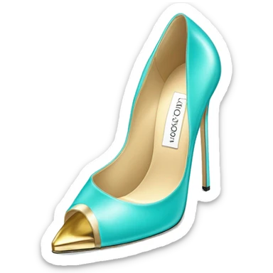 Hyper Realistic isolated top view of a pair of tiffany blue ,cream,and gold Jimmy Choo Stiletto High Heel fashion shoes. sticker