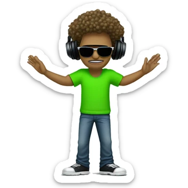 tall dj man with long frizzy hair, shades, headphones and an electric green shirt on that says “CHANTS” sticker