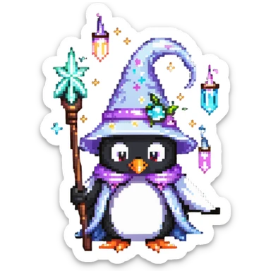 penguin wizard with magical sparkles, a unicorn, fairy, and tiny goblin companion sticker