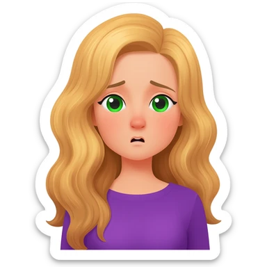 lady with long wavy blonde hair, purple top, green eyes, sneezing sticker