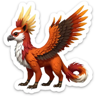 4-legged realistic digitigrade scaly winged long-big-beaked Gryphon-Griffin-Griffsnuff-Talonflame-Silvally-Braviary-Red-Panda-fusion-hybrid-animal-Fakémon-creature, full body, with a long thin tufted lion-tail, long big tufted winged feathery ears sticker