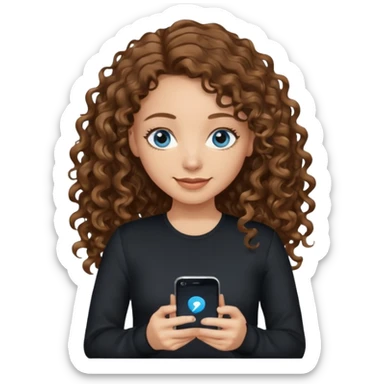 generate a pretty woman with blue eyes, light skin and medium brown long wavy/curly shiny hair holding a phone she is looking at the phone while looking down at the screen. she is wearing an ALL black long sleeve sticker