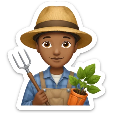 black gardener holding gardening tools, with hat sticker