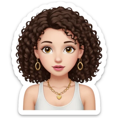 white girl with long dark brown curly hair with a little volume wearing a white tank top. Blush on the cheeks and big eyelashes and a brown-pink lip combo. gold hoops as earrings(medium size)  and a small gold hoop for a nose ring  and a square small denty gold necklace  sticker