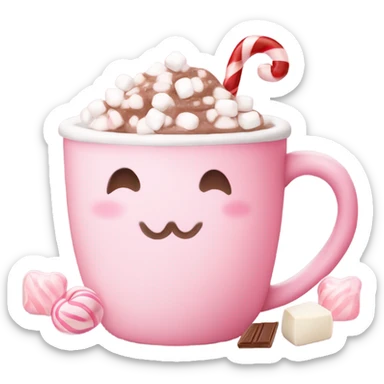 Aesthetic, coquette, hot chocolate that is super cute pink and pastel and adorable and has marshmallows in it and light pink and white candy cane is in it and there’s a little teddy bear on the mug of the hot chocolate sticker