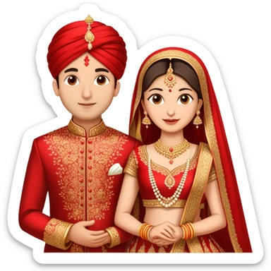 Indian married couple in traditional wedding attire, bride in red and gold wedding lehenga or saree, groom in sherwani, both with fair skin, groom is clean shaven sticker