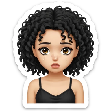 generate a pretty fair bratz girl with black messy curly hair looking sad . Wearing a black cami sticker