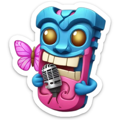 Cartoon Blue and pink tiki singing with butterfly and mikrophone sticker