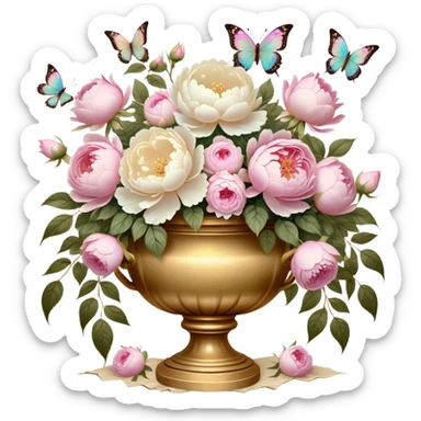 An antique-inspired floral arrangement in an opulent golden urn, overflowing with soft pink roses and voluminous white peonies, with iridescent pearl butterflies delicately fluttering around the petals, set against an aged parchment background. sticker