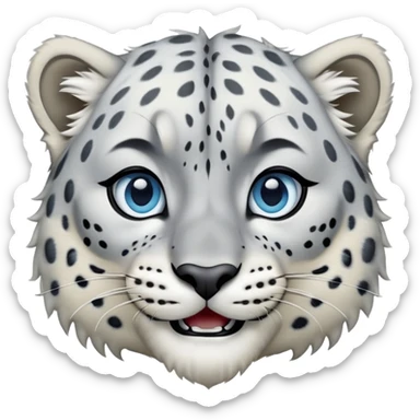 Cinematic-Comical-Snow-Leopard-Portrait-Emoji – Head tilted dramatically with an exaggeratedly amused expression, featuring a thick, spotted white-and-grey coat with a dense ruff around the neck, wide, piercing icy blue eyes filled with playful disbelief zoomed out showing the shoulders sticker