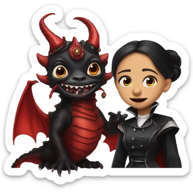 surprised Lavish Victorian evening gown with gloves, Jenna Ortega as Addams girl Jedi wearing a steampunk mini tiara, very large blood red evil-looking horned dragon sticker
