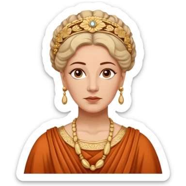 An emoji portrait of a mature Greek noblewoman. She wears a terracotta-colored chiton with intricate embroidery. Her hair is styled in an elegant updo, and she has a calm, wise expression. sticker