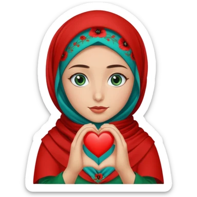 Turkish beautiful finish Konya girl blue eyes with poppy floral hijab and green red dress and she make heart with hands sticker
