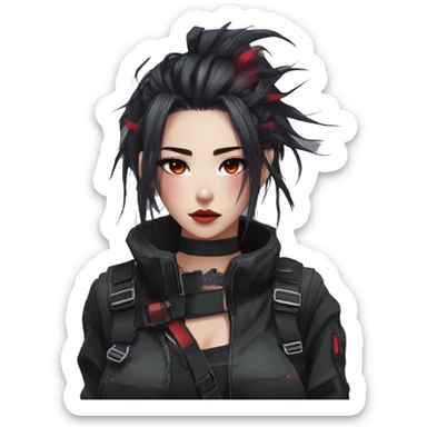 Gorgeous techwear anime style lady with blushing face aesthetic and pretty edgy black red punk messy hair with collar and harness trending style sticker