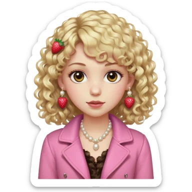 pale girl , who has curly medium length blonde and curly bangs, narrowed hazel eyes , slightly dark but shiny brown shadow, in a dark brown jacket with fur on the shoulders , wearing a pink laced camisole, wearing pearl earrings, wearing a strawberry hairclip sticker
