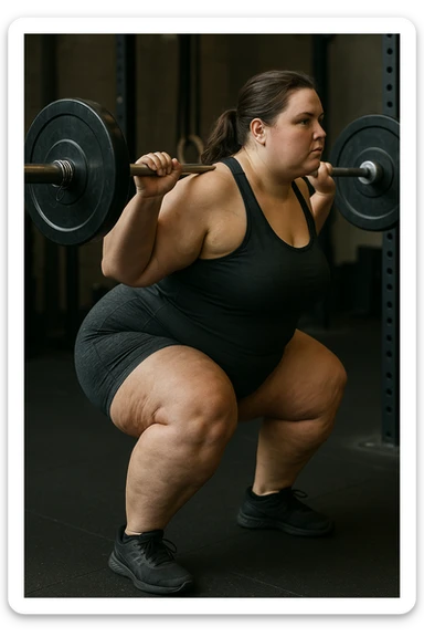 donna grassa con lipedema alle gambe che fa uno squat di profilo con bilanciere, IPERREALISTICA 4K sticker